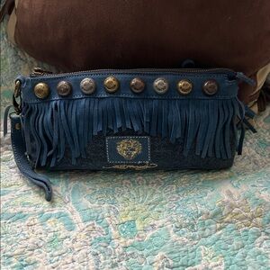 Ed Hardy Vintage Ferris Clutch with Fringe and  Button Accents